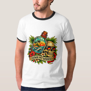 Camiseta Cérebro de Verão Retrô Mensagem numa Garrafa Praia