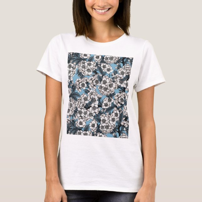 Camiseta Cereja floresce em azul e branco (Frente)