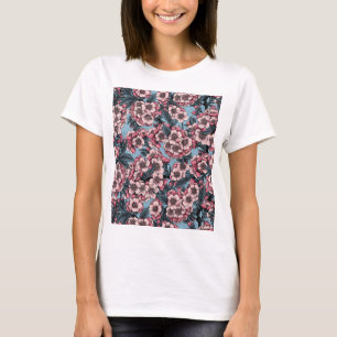 Camiseta Cereja floresce em rosa e azul