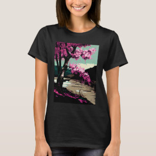 Camiseta Cereja japonesa floresce perto de uma pintura de l