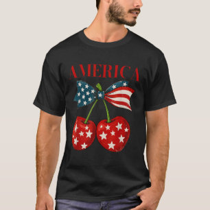 Camiseta Cerejas América Coquete Laço Cereja 4 de Julho EUA