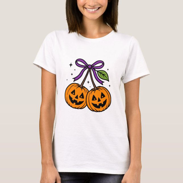 Camiseta Cerejas de abóbora de Halloween com Arco roxo (Frente)