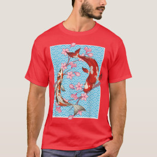 Camiseta Cerejeira japonesa Flor Peixes de Carpa Sakura Koi