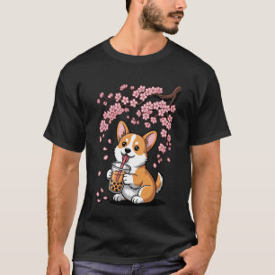 Camiseta Cerejeiras Cachorro Corgi Chá Bebida Bolhas Kawaii