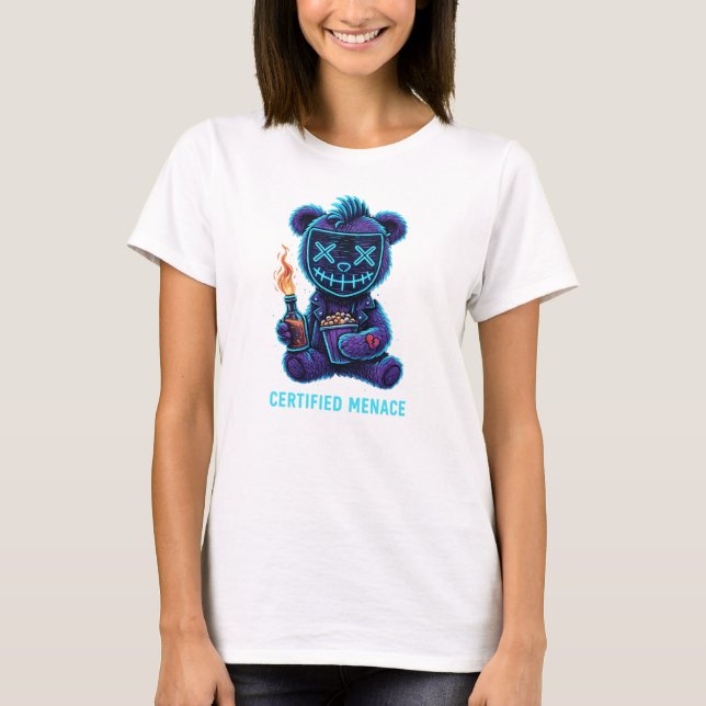 Camiseta Certified Menace Bear – Neon Cyberpunk Teddy Art (Frente)