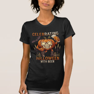 Camiseta Cerveja de Halloween Crânio Abóbora Morcego Vela