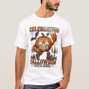Camiseta Cerveja de Halloween Crânio Abóbora Morcego Vela