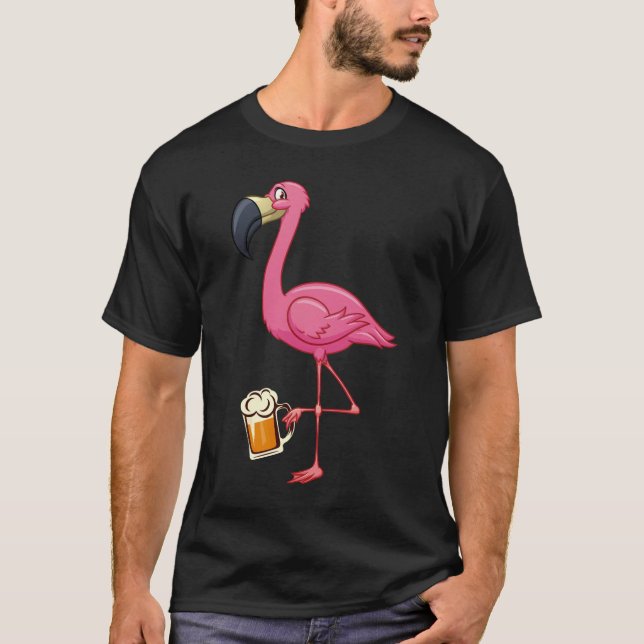 Camiseta Cerveja Flamingo Bebendo - Flamingo Rosa Engraçado (Frente)
