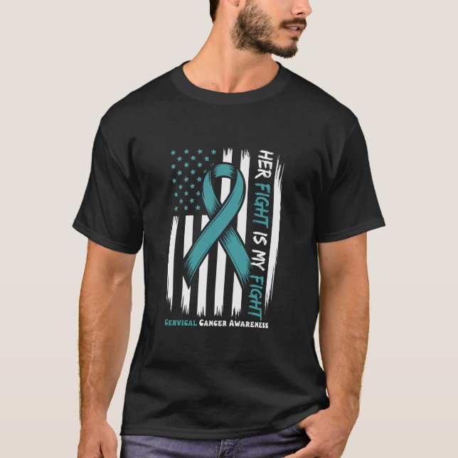 Camiseta Cervical Cancer Awareness Ribbon, Family Her Fight (Frente)