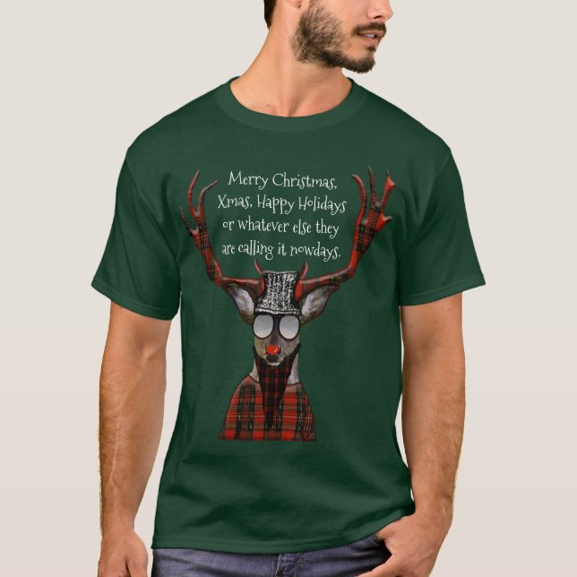 Camiseta Cervos engraçados do hipster do Feliz Natal (Frente)
