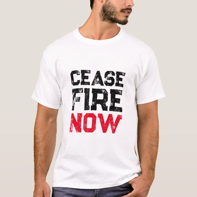 Camiseta Cessar fogo Agora preto vermelho branco angustiado (Frente)