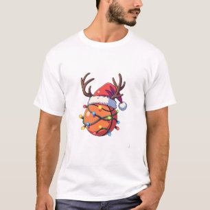 Camiseta Cesta de Basquete Chapéu de Papai Noel Chifres de
