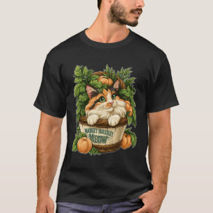 Camiseta Cesta de Mercado Meow Gato Fofo com Legumes Fresco