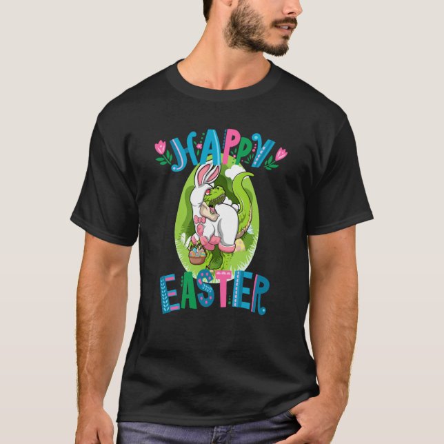 Camiseta Cesta De Páscoa De Dinossauro Com Felz pascoa De O (Frente)