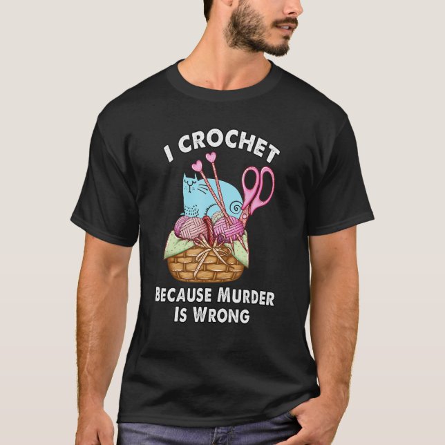 Camiseta cesto de crochê de gato e agulhas de lã (Frente)