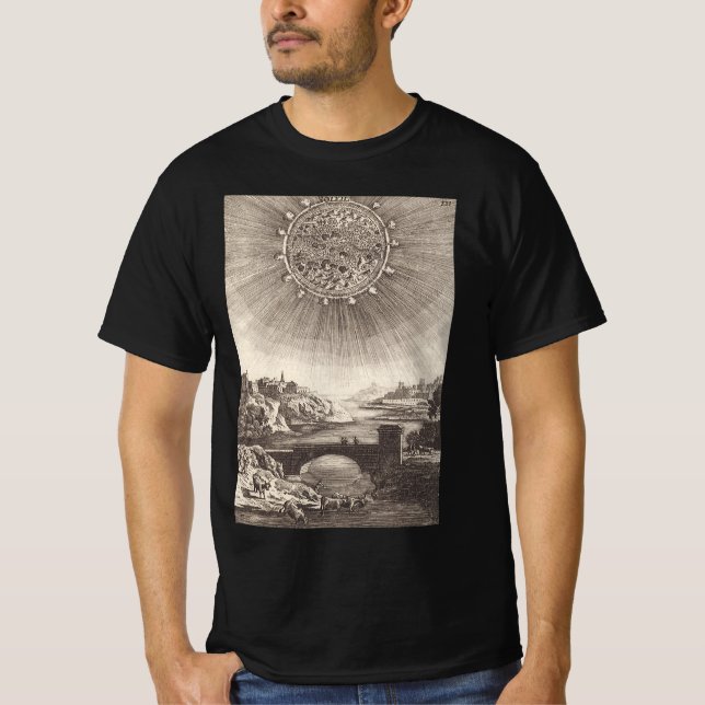Camiseta Céu Astronômico Antiquado com Sol por Allain Malle (Frente)