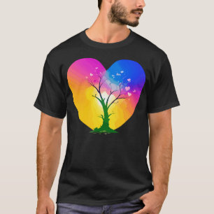 Camiseta céu azul-sol laranja árvore verde coração pinoKsim