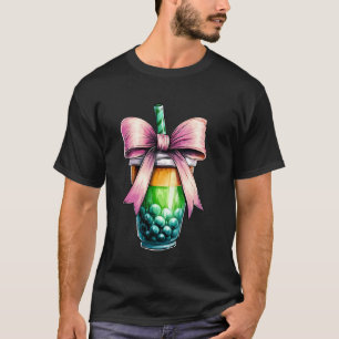 Camiseta Chá Bubble Tea Boba Com Laço de Coquete Fita Rosa