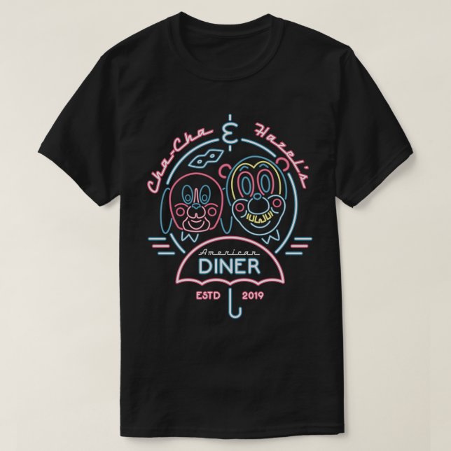 Camiseta Cha Cha Hazel Diner Neon Umbrella Sinal gibi (Frente do Design)