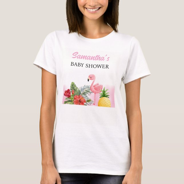 Camiseta Chá de Bebê Rosa Flamingo Tropical (Frente)