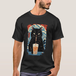 Camiseta Chá de Boba de Gato Preto Bolha Chá Japonês Vintag