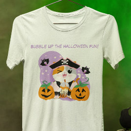 Camiseta Chá de Bolhas com Gato Kawaii Pirata Diversão de H