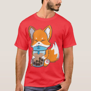Camiseta chá de bolhas de bebendo de raposa-branca-kawaii