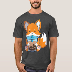 Camiseta chá de bolhas de bebendo de raposa-branca-kawaii