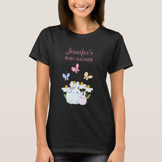 Camiseta Chá de fraldas Bunnies, Borboletas e Disias (Frente)