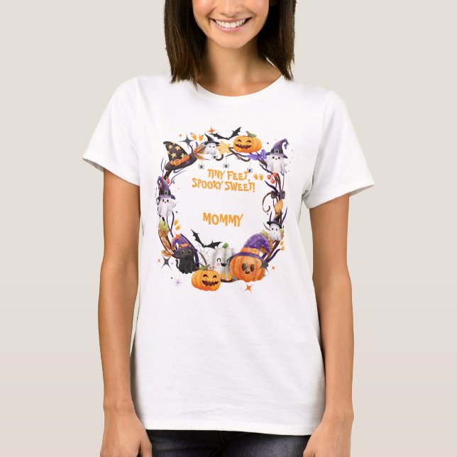 Camiseta Chá de fraldas de Halloween, Pés pequeninos, PAI D (Frente)