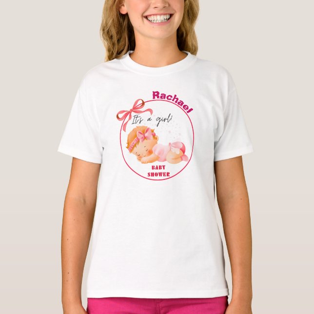 Camiseta Chá de fraldas rosa, Chá de menina (Frente)