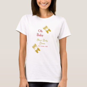 Camiseta chá de fraldas vermelho da borboleta ouro oh bebê