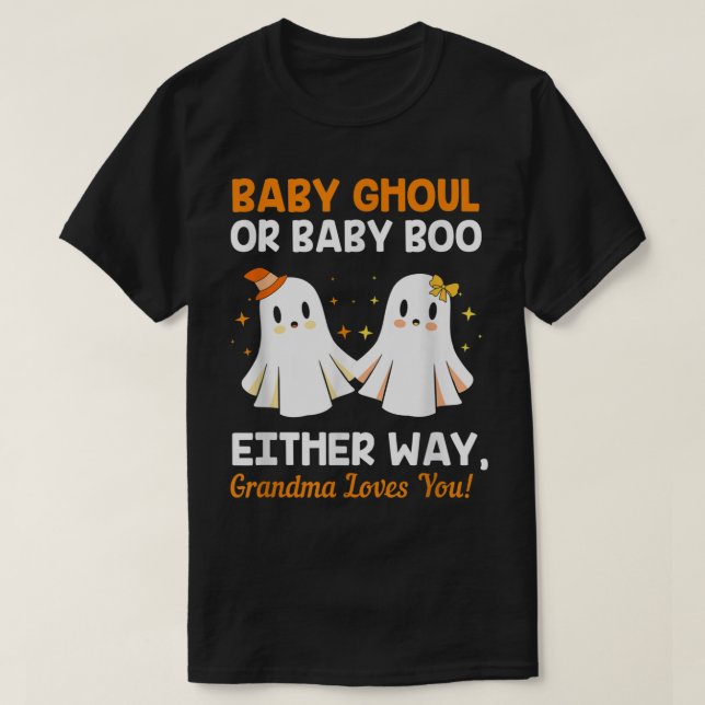 Camiseta Chá de fraldas Vovó Halloween Sexo Revelar Boooooy (Frente do Design)