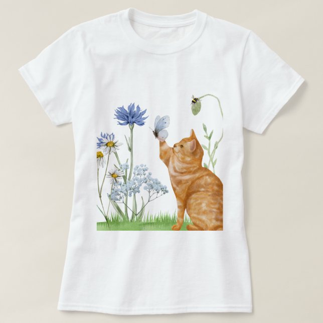 Camiseta Chá de Gato Whimsical e de Flor Selvagem (Frente do Design)