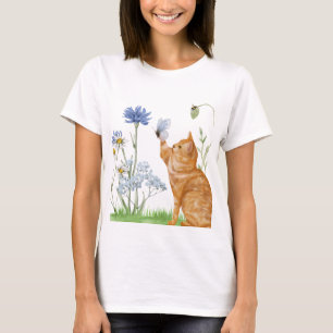 Camiseta Chá de Gato Whimsical e de Flor Selvagem