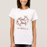 Camiseta chá de panela floral do bachelorette da madrinha<br><div class="desc">A aguarela cora rosa, Borgonha, verde prudente floral com o t-shirt colorway geométrico do presente da lua de mel do casamento da madrinha de casamento do efeito do ouro. O presente perfeito para seu grandad do gran do sobrinho da sobrinha do filho da filha do tio da tia do pai...</div>