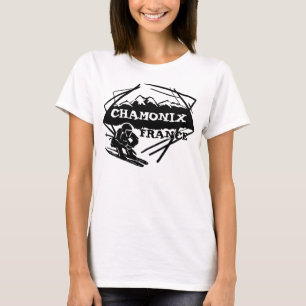 Camiseta Chamonix France - logótipo preto branco de esqui -