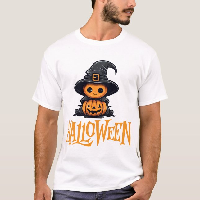 Camiseta Chapéu de Bruxa Abóbora Chibi Fofo Gráfico de Hall (Frente)
