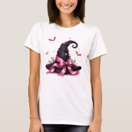 Camiseta Chapéu de Bruxa com Laço Rosa Conscientização do C