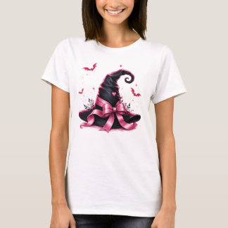 Camiseta Chapéu de Bruxa com Laço Rosa Conscientização do C