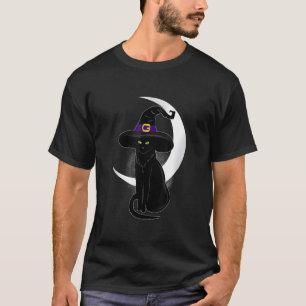 Camiseta Chapéu de Bruxa da Lua de Gato Preto de Halloween