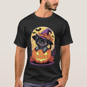 Camiseta Chapéu de Bruxa de Gato Preto Abóbora Divertida Ha
