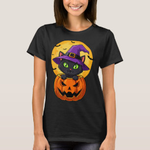 Camiseta Chapéu De Bruxa De Gato Preto Fofo Em Abóbora Mulh