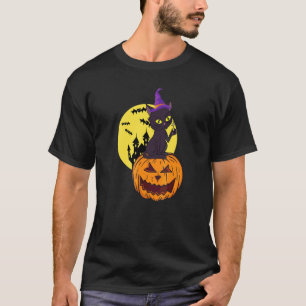 Camiseta Chapéu de Bruxa de Gato Preto Lua Abóbora Fantasia