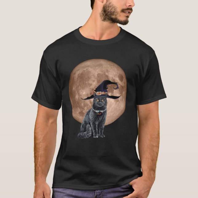 Camiseta Chapéu de Bruxa de Gato Preto Lua Halloween Assust (Frente)