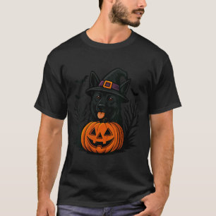 Camiseta Chapéu de Bruxa Pastor Alemão Preto Assustador Fem