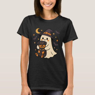 Camiseta Chapéu de Bruxa Rottweiler Fantasma Arte de Amante