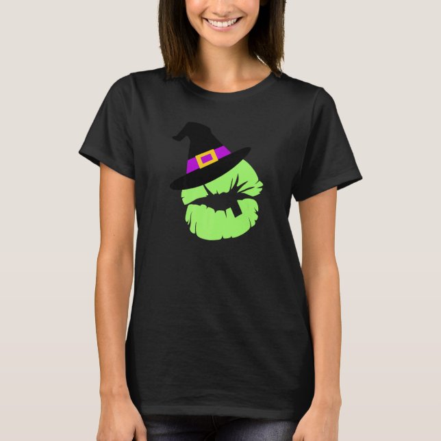 Camiseta Chapéu de bruxa sobre lábios verdes fluorescentes (Frente)