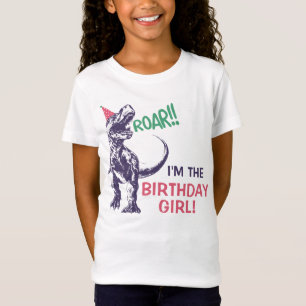Camiseta Chapéu de Festa Dinossauro T-Rex Rosa Roxo Menina
