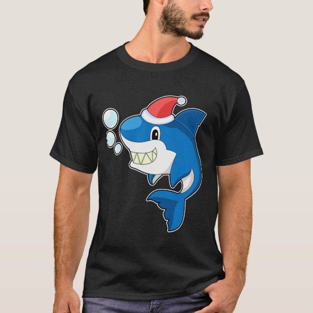 Camiseta Chapéu de Natal de Tubarão (Frente)
